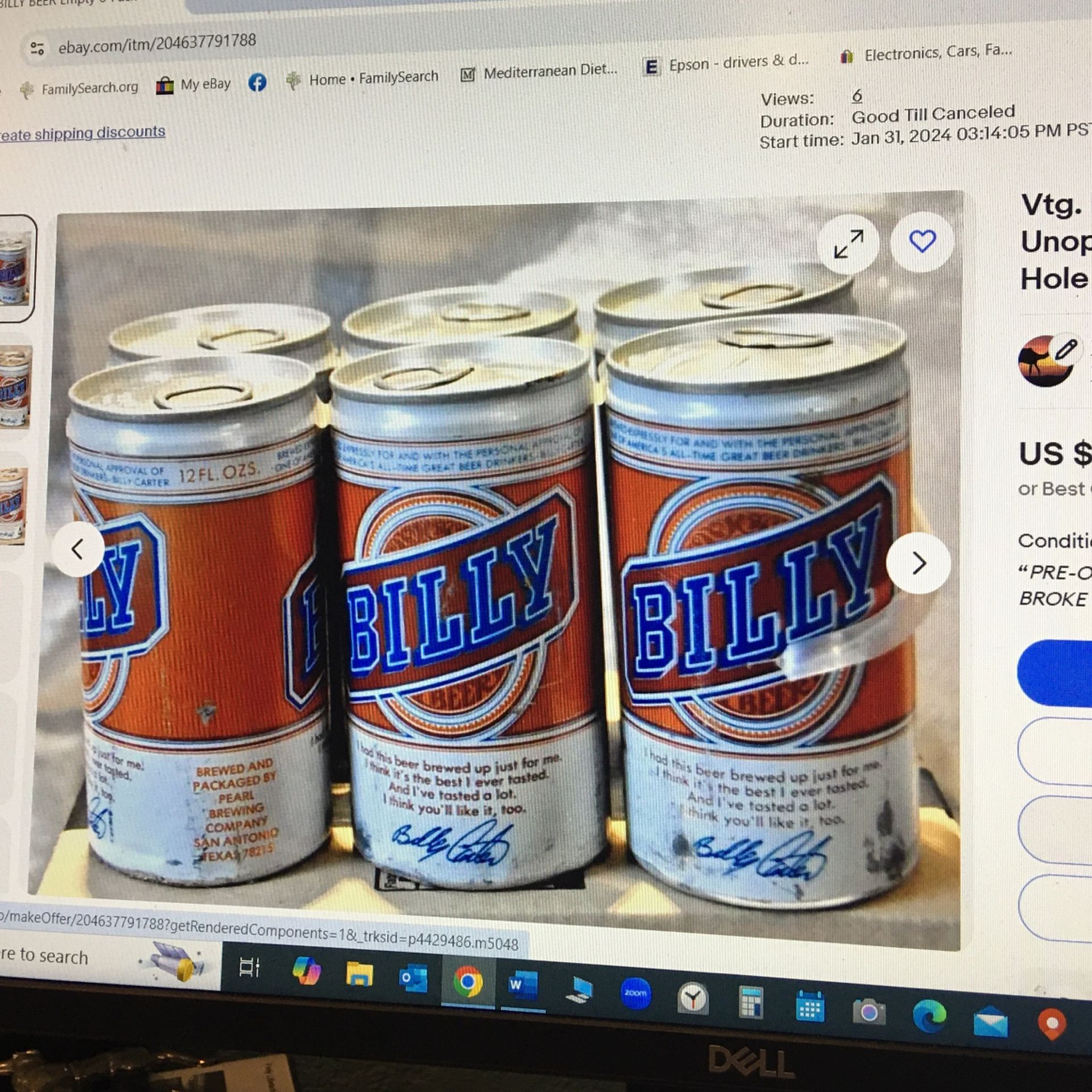 Bath. Billy Beer Empty 6 pack rings Unopened/ Jimmy Carter 1978 W/ Punch Holes