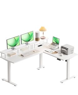 Electric L-Shaped Standing Desk, 59 Inch Height Adjustable Office Desk with Monitor Stand, Sit-Stand Desk with Power Outlets, Large Lift Table for Hom