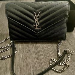 YSL Monogram Large Wallet on Chain in Grained Leather