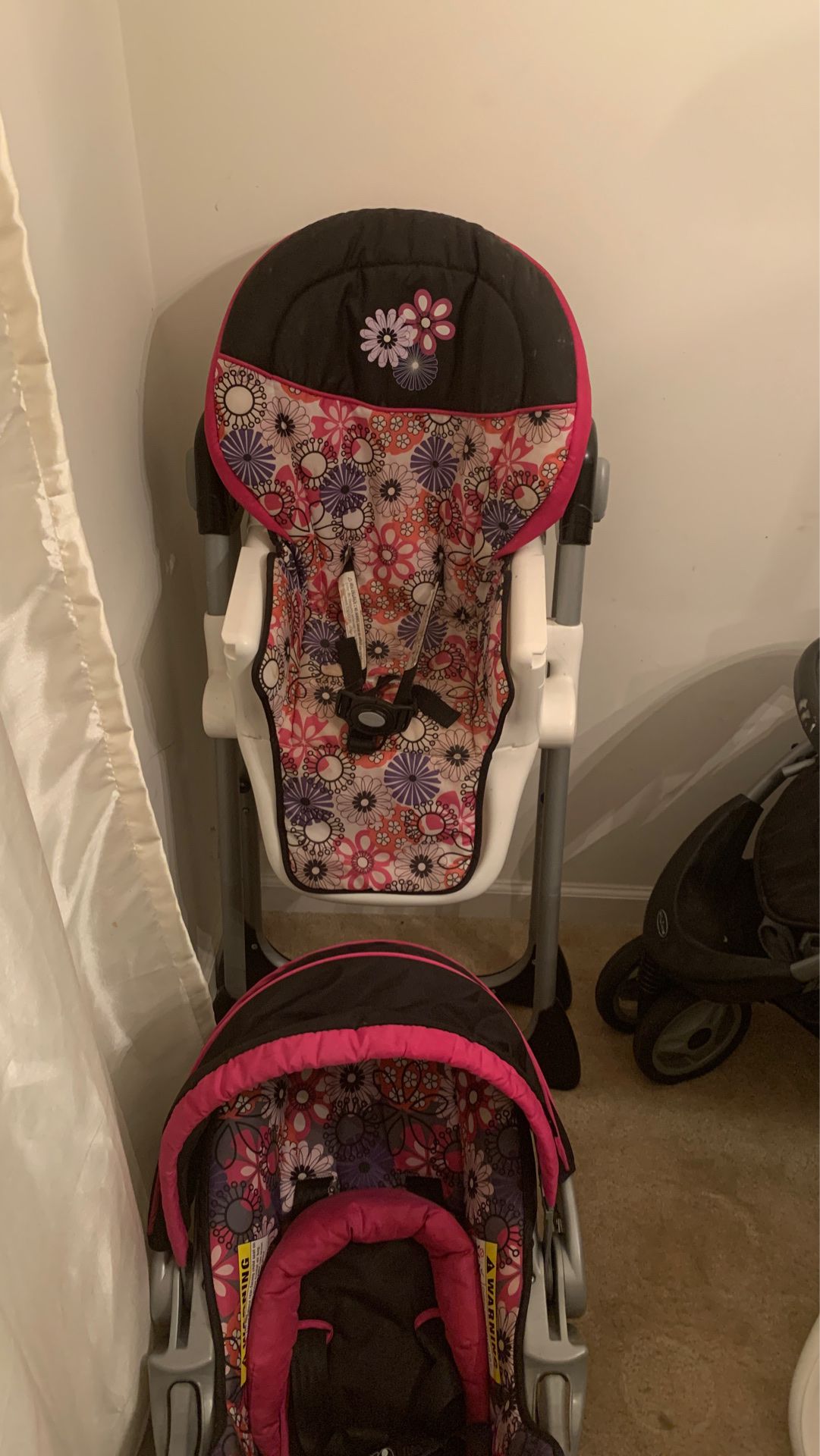 Car seat with base $40, high chair with removable trays $25