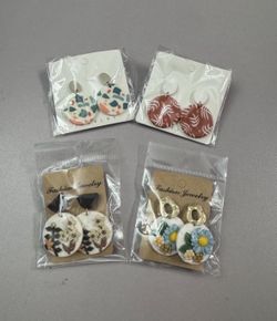 Floral Clay Dangle Earrings – 4 Pairs, New