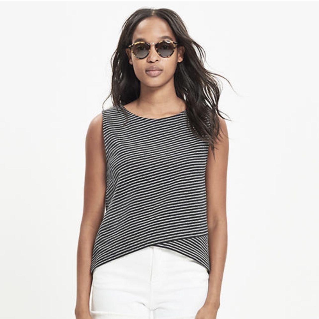 MADEWELL Black Dark Grey Striped High Low Crossover Sleeveless Tank Top