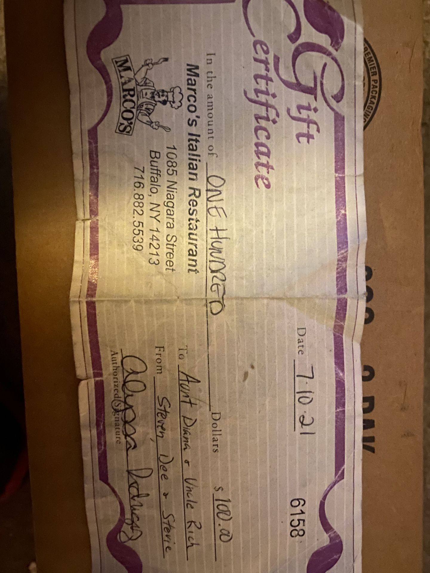 $100 Gift Certificate Asking $50 Can Verify With Restaurant For Validation