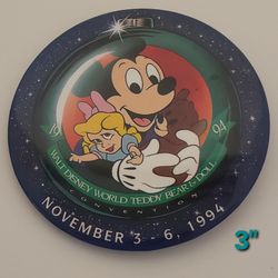 VINTAGE 3" PROMO PINBACK BUTTON - DISNEY -TEDDY BEAR & DOLL CLASSIC 1994