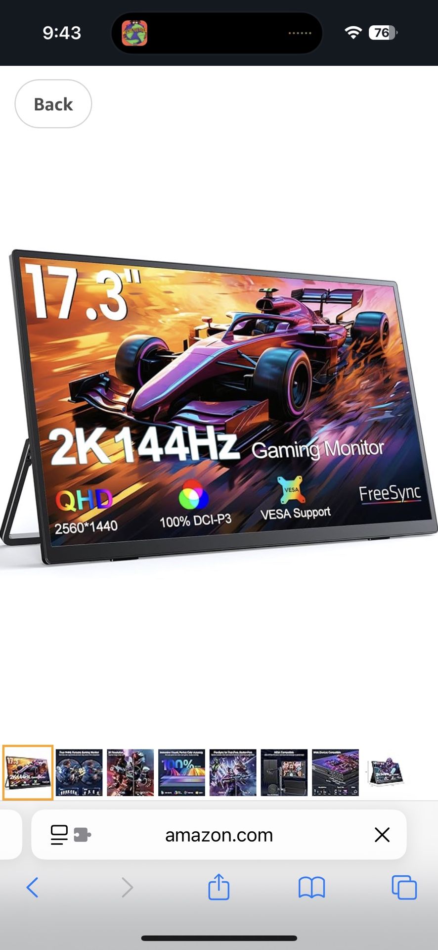 UPERFECT 2K 144Hz Portable Monitor 17.3 Inch 2560x1440P Portable Gaming Monitor