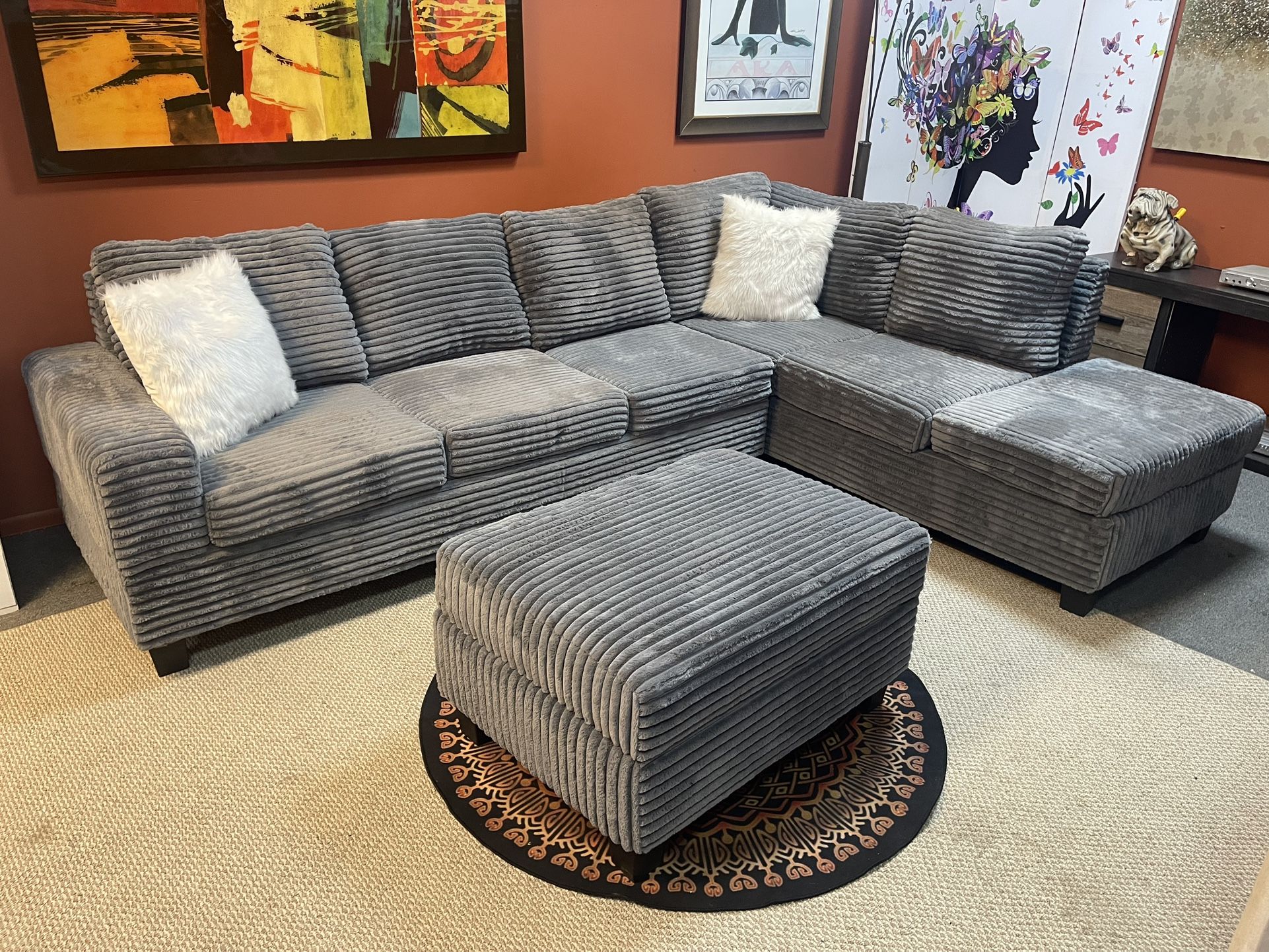 Upgrade your living space with our Cozy Corduroy Sectional – now with a FREE Storage Ottoman!