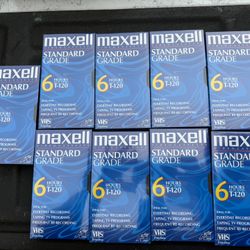 Maxell T-120 VHS VCR Tapes 9 Standard Grade 6-Hour Blank Brand New Sealed Bundle  The Maxell T-120 VHS VCR Tapes are a brand new sealed pack of 9 stan
