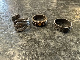Lot of 3 Vintage Sterling Silver Rings: Designer BOMA-Style Two-Tone, International Silver Co. Snake
