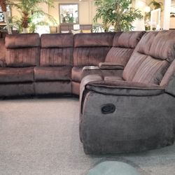 Brand New Dark Gray Fabric Manual Reclining Sectional With Cup Holders