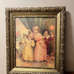 Antique German Lithograph print with gold tone ornate frame 26 x 22in