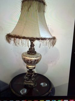 Large Elegant Vintage Victorian-Style Table Lamp 37" Tall with Ornate Base & Fringe Shade