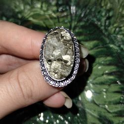 Sterling Silver Pyrite Stone Ring (Sz7)