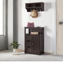 Wood Bathroom Floor Cabinet with 3 Drawers &1 Cupboard, Free Standing Storage Organizer