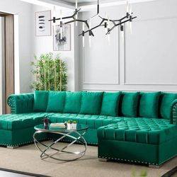 VELVET DOUBLE CHAISE SECTIONAL LIVING ROOM SET - GREEN


