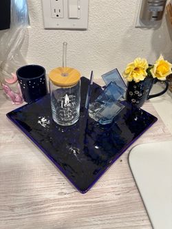 Blue Ceramic Platter,, Cups  Glass Candle Holder,, Clear Jar & Glass Straw