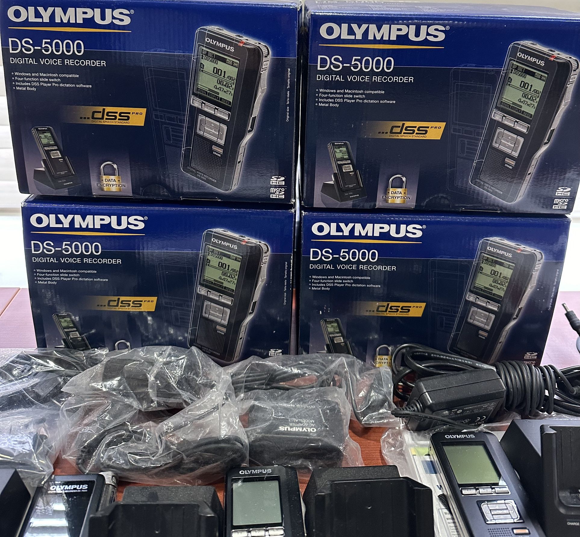 12 Olympus digital Recorders, Microphones, Power Cords, Batteries, Etc