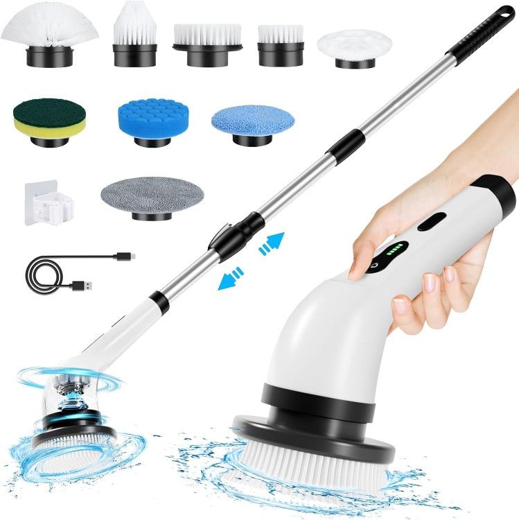 Electric Spin Scrubber Cordless, Electric Scrubber for Cleaning Bathroom with Long Handle, Electric Shower Scrubber, Power Cleaning Brush with 9 Brush