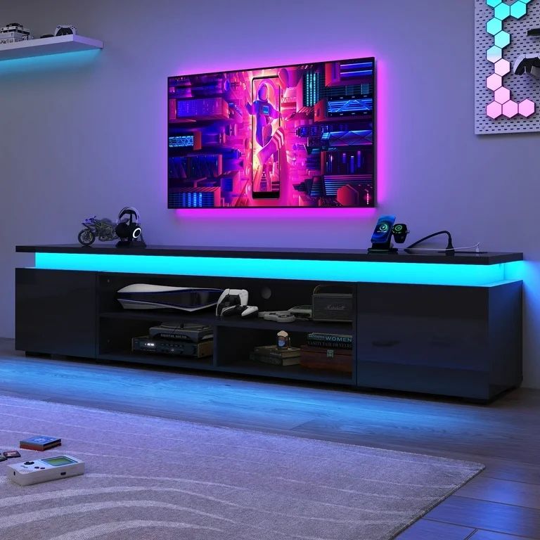 80" LED TV Stand with Power Outlet for up 90" TVs, Modern Large Entertainment Center Long Sounbar Media Console Table Stand for Living Room