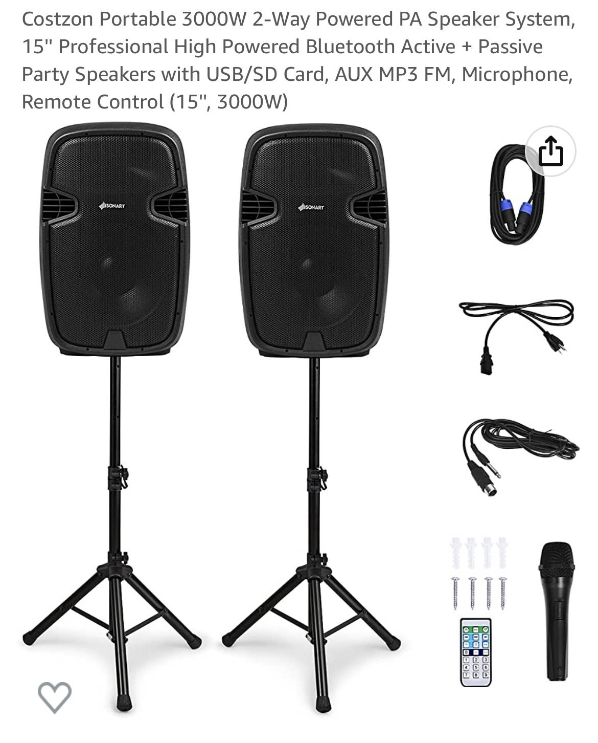 Costzon Portable 3000W 2-Way Powered PA Speaker System, 15’
