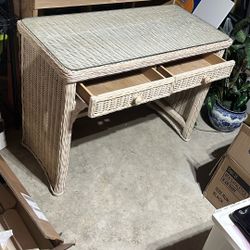 Wicker Desk w/ Glass Top and 2 Drawers