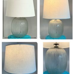 1 Large Striped Frosted Glass Lamp with Cream Shade & Silver Finial 