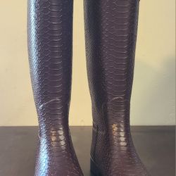 HUNTER DARK BROWN SNAKE EMBOSSED RUBBER TALL LOGO WATERPROOF RAIN BOOTS Womens Size 9