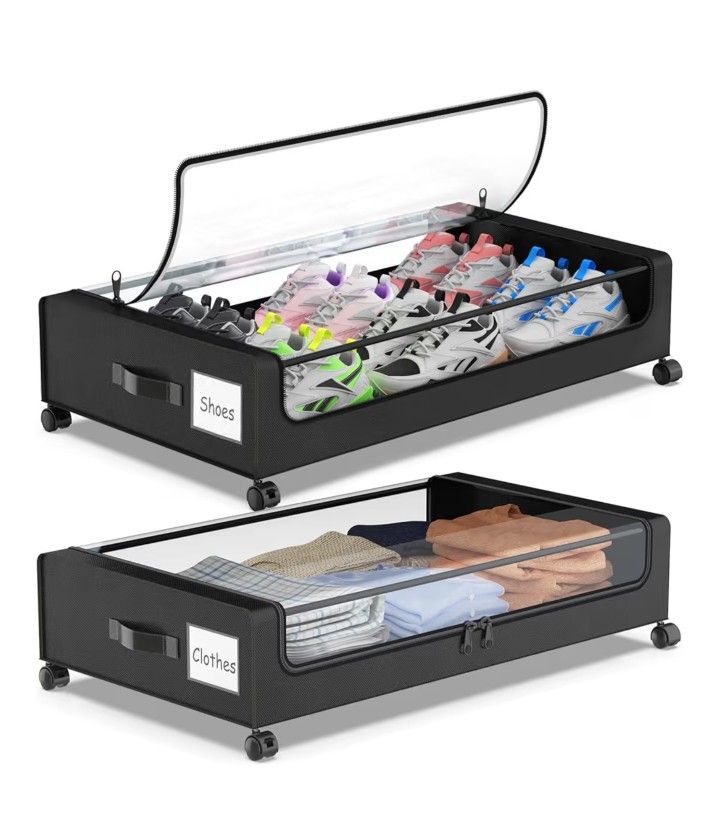 Under Bed Storage with Wheels, 2-Pack Underbed Storage Containers with Clear Lids, Under Bed Shoe Storage Organizer, Rolling Under