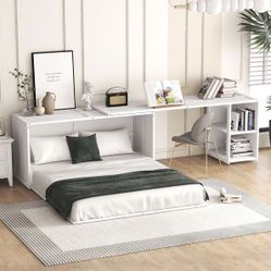 White Rotating Desk Queen Murphy Bed [NEW IN BOX] **Retails for $630 <Assembly Required> MATTRESS NOT INCLUDED