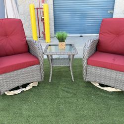 Gray 3-Piece Wicker Outdoor Rocking Chair with Red Cushions and Side Table