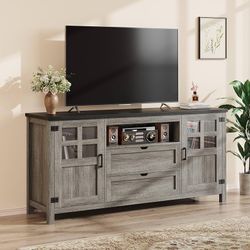 Farmhouse TV Stand for 65 70 75 Inch TVs, Entertainment Center with Adjustable Shelves, 2 Barn Doors and Drawers, Storage Media Cabinet for Living Roo
