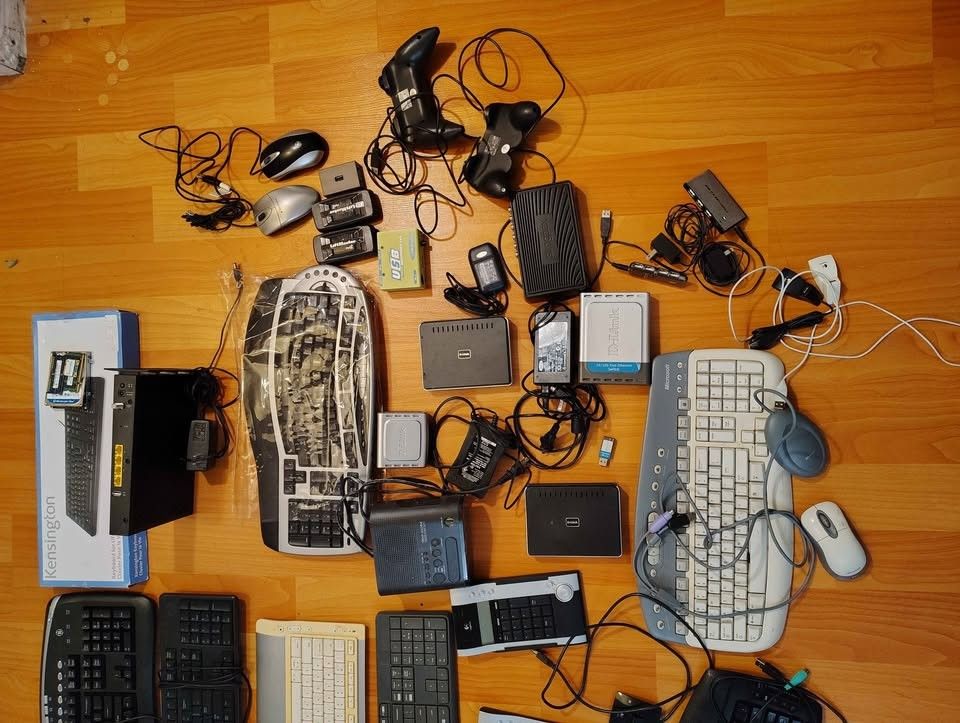 Assorted Electronics Keyboard Mouse Power Bank Cables WiFi Router