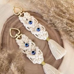 Boho Handwoven Tassel Keychain with Evil Eye Bead Decoration- Perfect for Bag Purse or Car Keys Wallets 