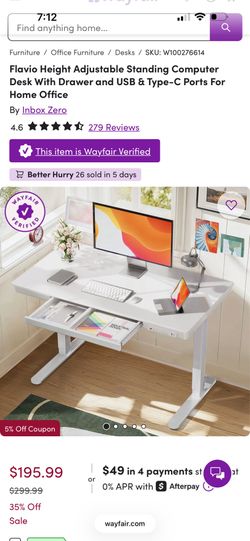 Flavio Height Adjustable Standing Computer Desk With Drawer and USB & Type-C Ports For Home Office - Size: 28'' H x 48'' W x 24'' D - Color: Off-White