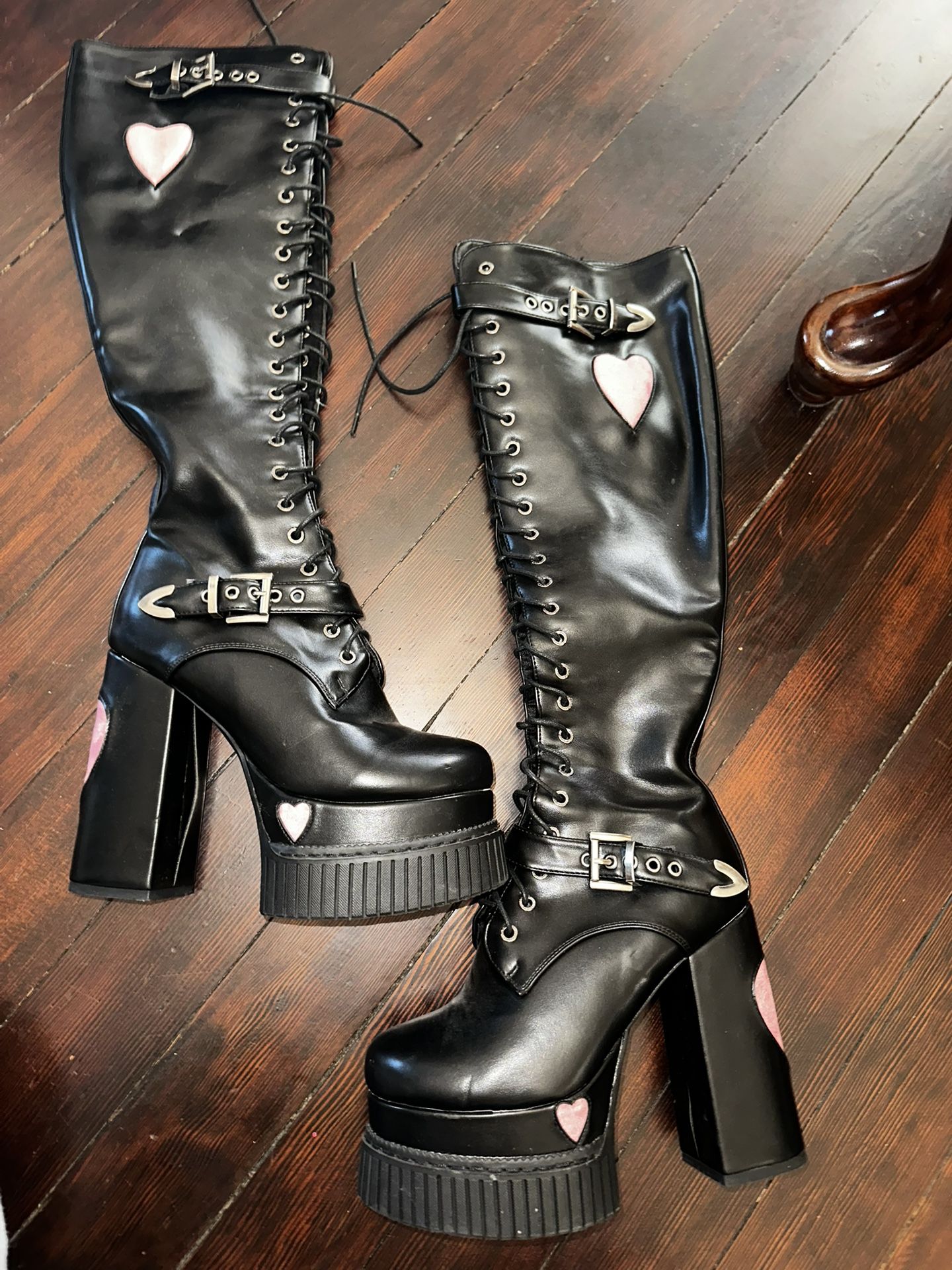 Black And Pink Heart Leather Boots 