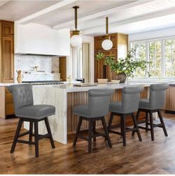 4 Swivel Barstool Solid Wood Counter Stool Nail Head Trim and Tufted Backrest