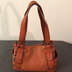 TIGNANELLO Double Handle Orange Pebbled Leather Handbag W/ Silk Lining