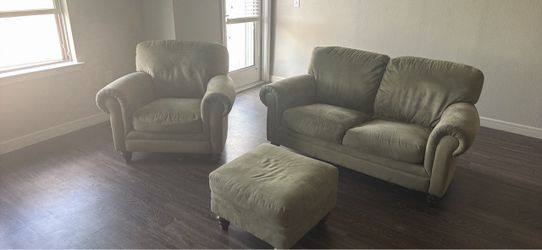 Green Suede Loveseat, Armchair, and Ottoman Set