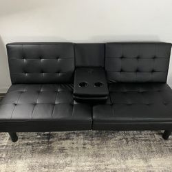 Mainstays Memory Foam 71.5" Futon with Cupholder and USB, Black Faux Leather