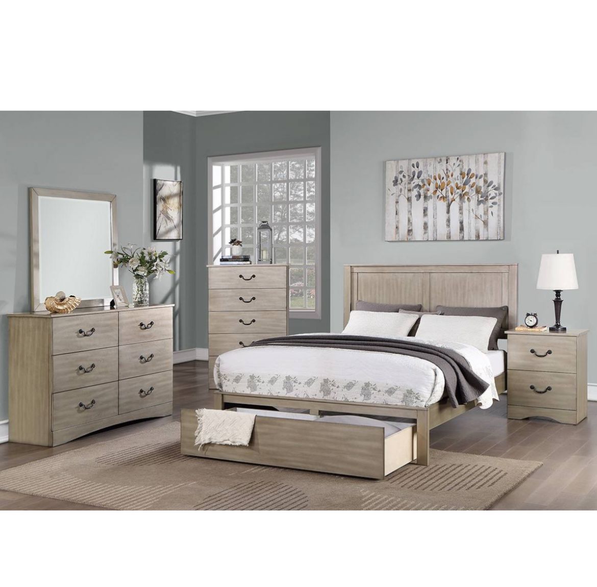 5 Piece Bed Room Set Queen Bed Frame 1 Dresser 1 Mirror 1 Nightstand 1 Chest Bed Has Storage Drawer Brand New In Box Firm Price $999