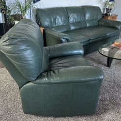 Green Leather Couch and Recliner
