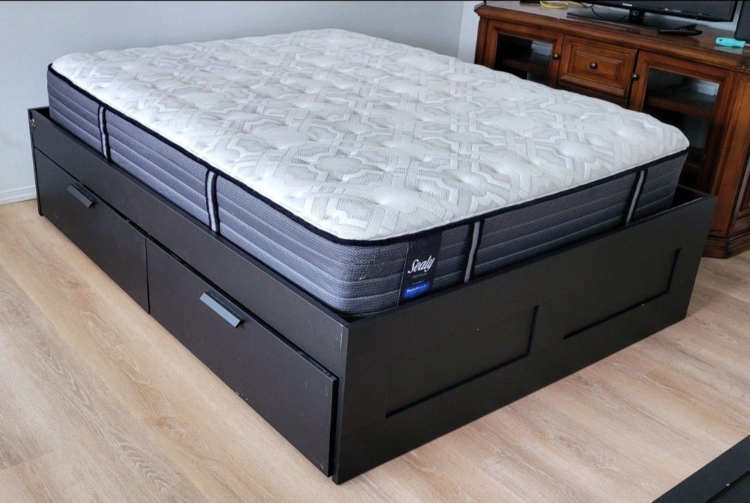 Queen Ikea Brimnes Storage Bed Frame w/ 4 Drawers and Sealy Posturepedic Mattress