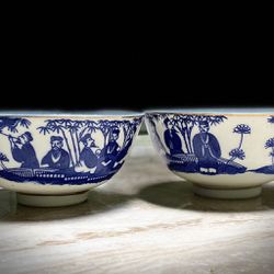 A pair of Vintage Japanese Blue & White Porcelain Footed Rice Bowl.