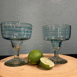 Pair Of Hand Blown Mexican Glass Margarita Glasses, Two Hand Made In Mexico Margarita Glasses Blue Swirl Design