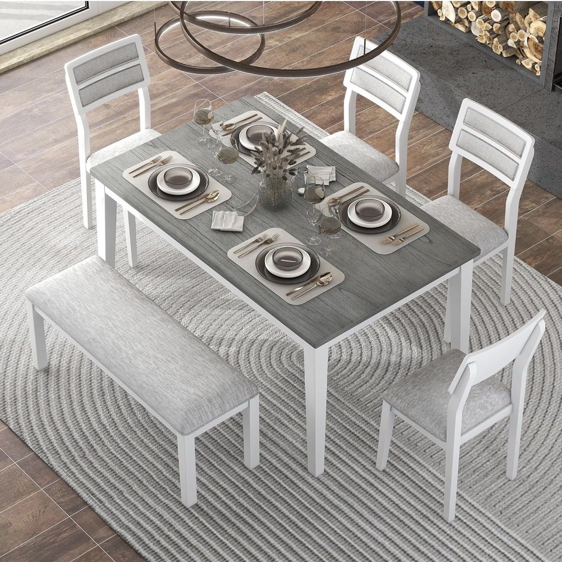 5 Pc Dining Set (Bench Not Included) - 60”  Solid Wood Dining Table w/ 4 - Gray Wooden Dining Chairs [NEW] <Assembly Req>