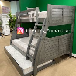 Twin/Full/Twin Grey Wooden Bunkbed W Mattresses Included
