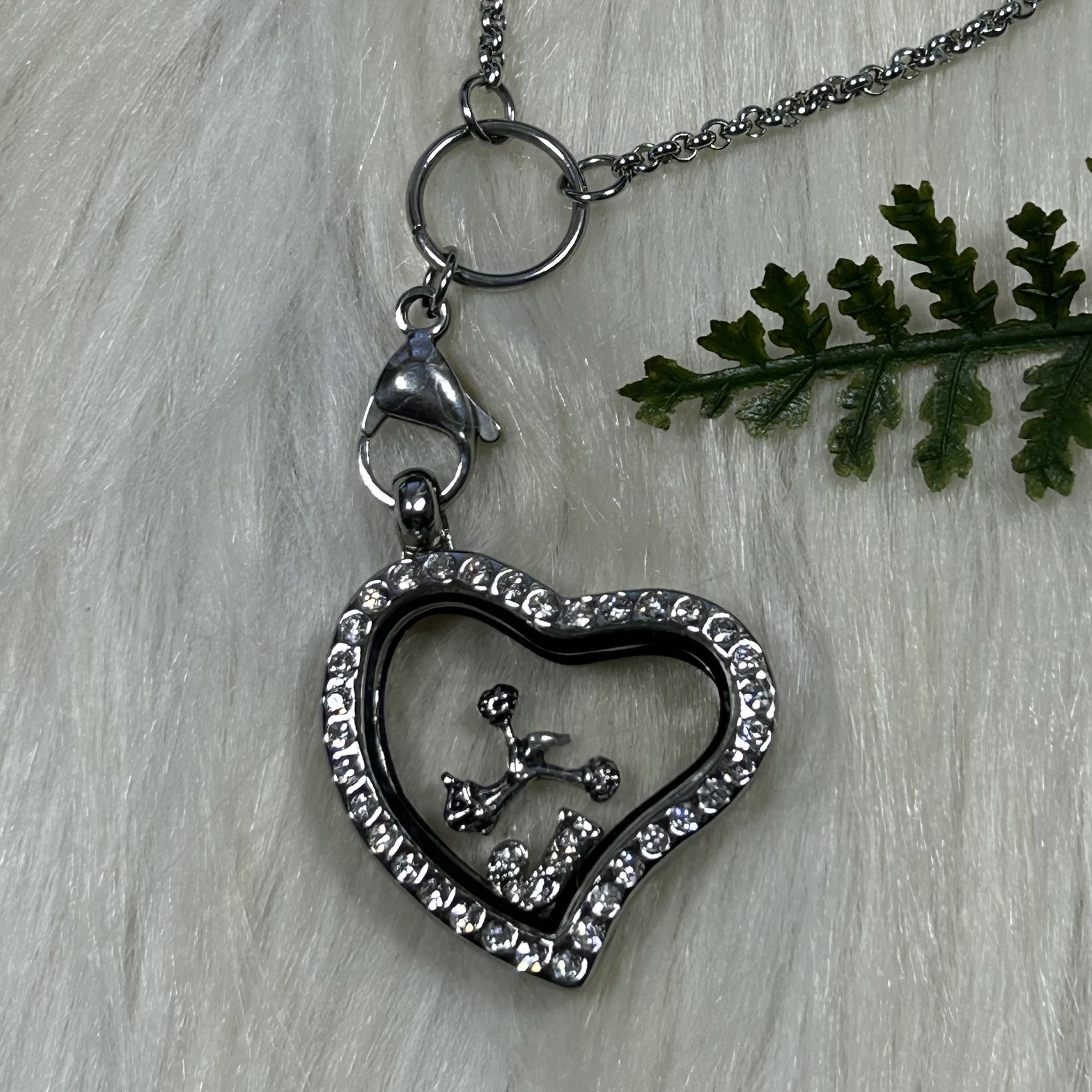 Floating heart locket cheerleader monogram J charm silver tone necklace