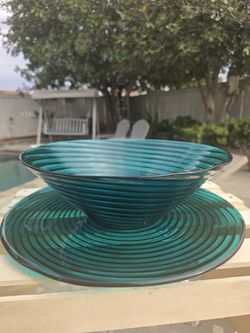 Teal Glass Big Bowl With Plate 