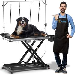 Professional Electric Dog Grooming Table - Heavy Duty, Height Adjustable Pet Grooming Table w/Leveling Wheels, Dog Grooming Arm, Anti Slip Tabletop & 