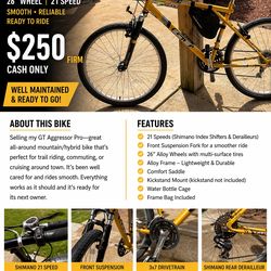 Yellow mountain bike 21 speed