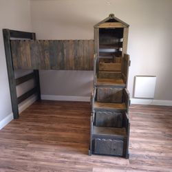 Childs "The Fort" Loft Bed & 5 Drawer Dresser And 4 Storage Shelves